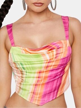 AFRM Vana Ruched Cowl Neck Crop Top Pink Green Orange - M